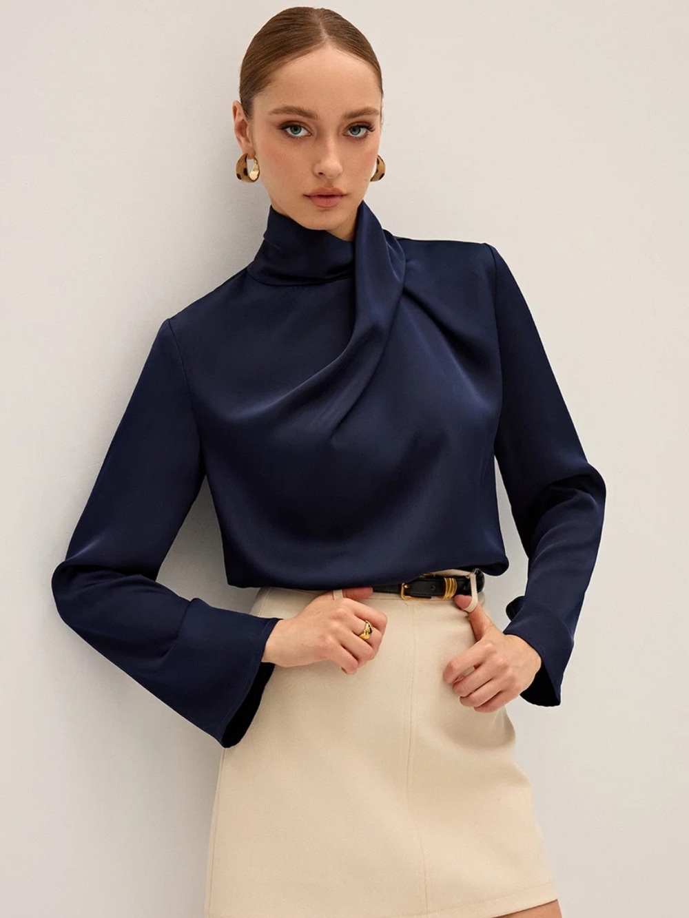 Commense Satin Draped High Neck Blouse